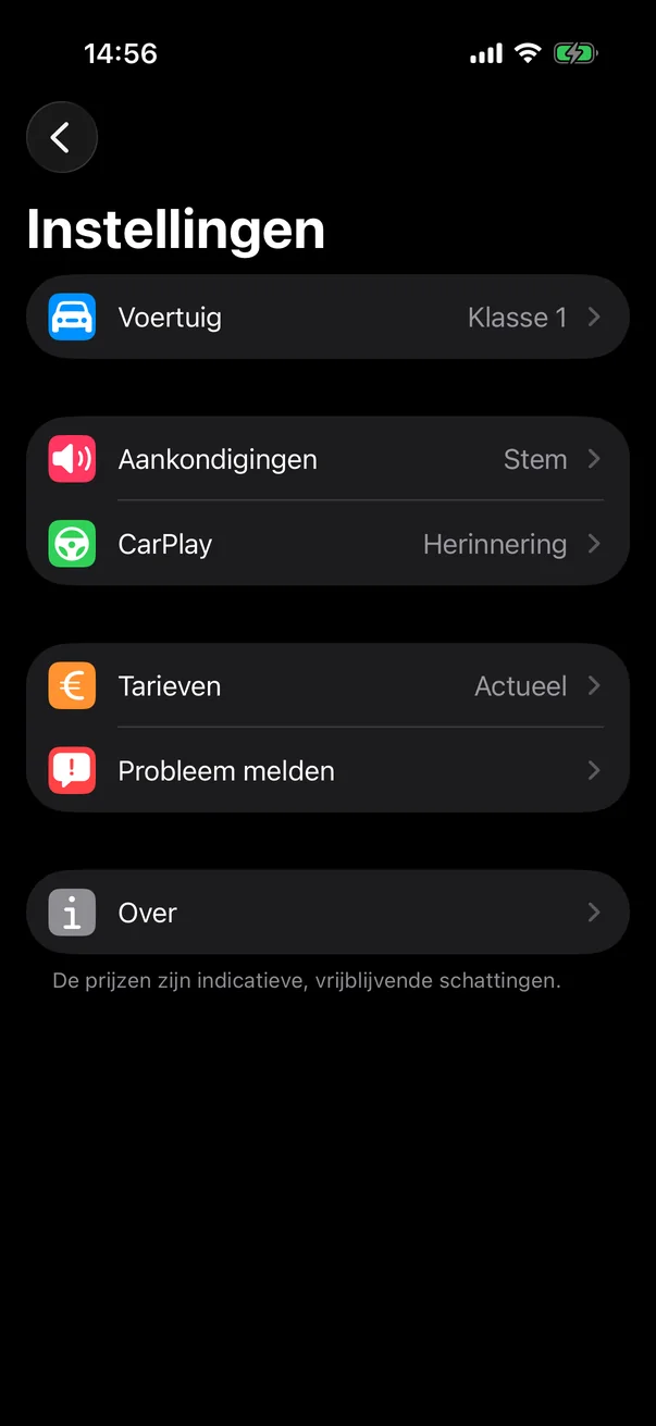 Instellingen van Péage Notif: voertuig in klasse 1, gesproken aankondigingen, CarPlay, actuele tarieven, probleem melden