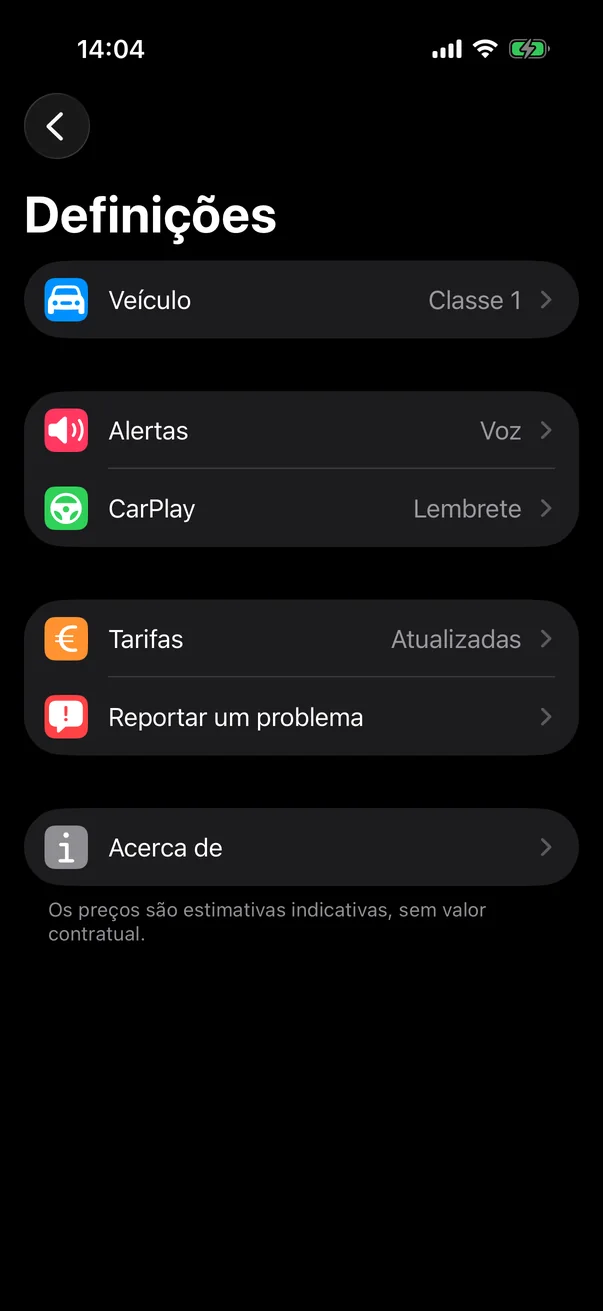 Definições do Péage Notif: veículo na classe 1, anúncios por voz, CarPlay, tarifas atualizadas, reportar um problema
