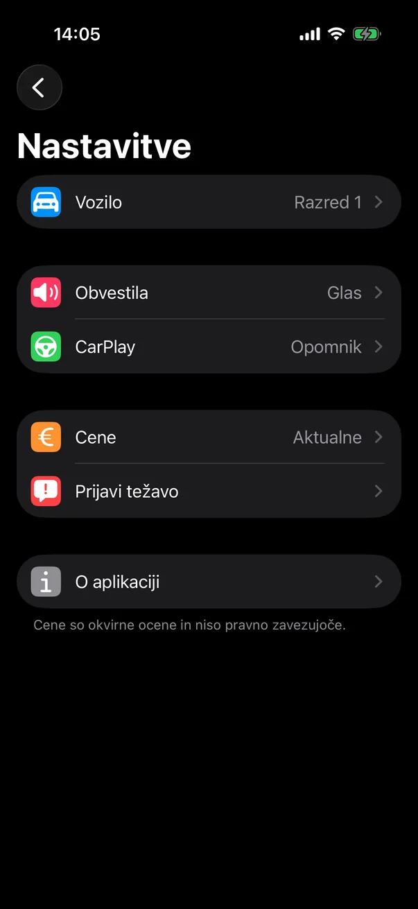 Nastavitve Péage Notif: vozilo v razredu 1, glasovna obvestila, CarPlay, posodobljene cene, prijava težave