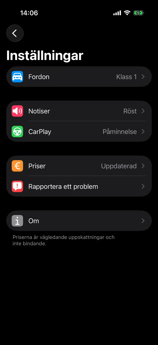 Inställningar i Péage Notif: fordon i klass 1, uppläsningar, CarPlay, uppdaterade priser, rapportera ett problem