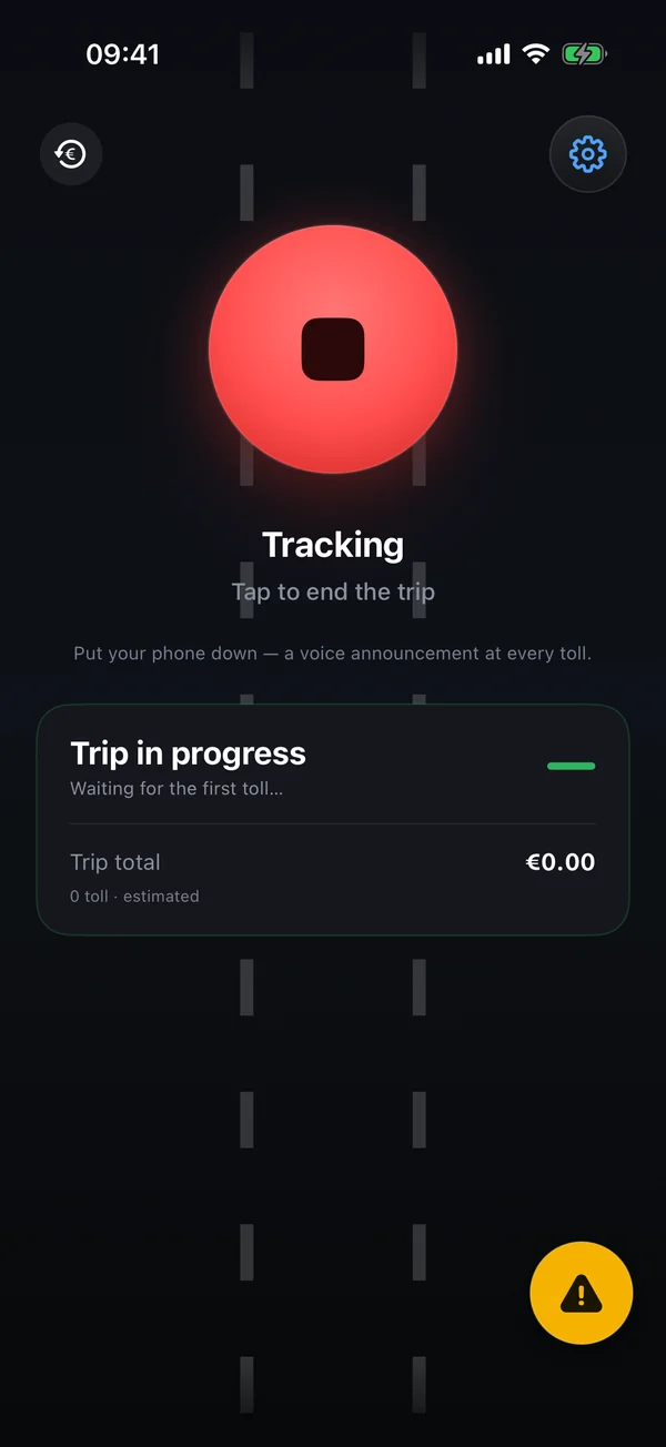 Right after the tap: tracking is on, the app watches for the next toll