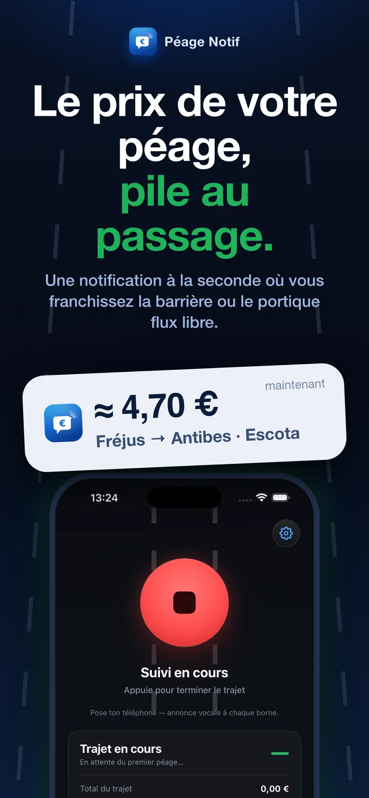 Notification « ≈ 4,70 € — Fréjus → Antibes · Escota » affichée au passage du péage