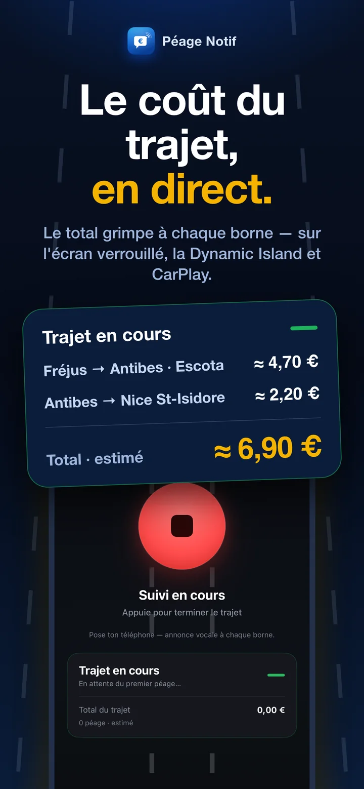 Carte « Trajet en cours » : deux péages détectés, total estimé 6,90 €